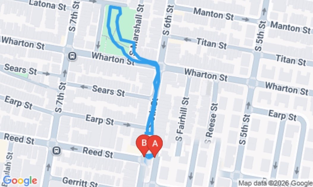 Map of the walk route: up to Gold Star Park, a loop through the park, and back